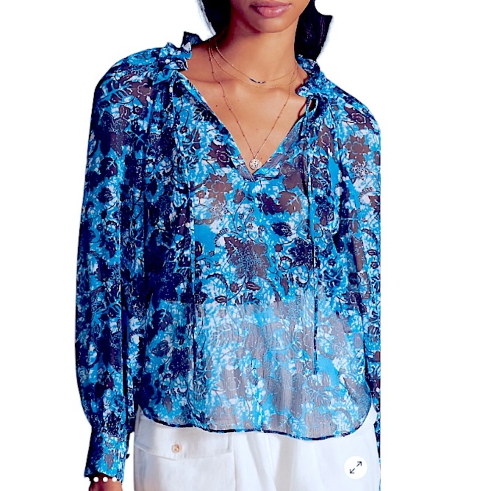 NWOT Anthropology Sheer Printed Long Sleeves Ruffled Peasant Blouse Size XS